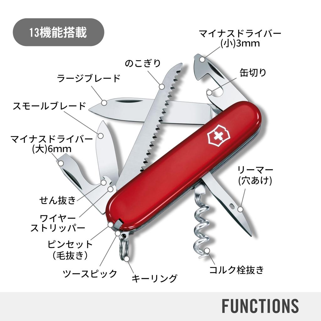 VICTORINOX Camper Red Knife with 13 functions including small flathead and can - Swiss-made multi-tool saw, screwdriver, opener. [1.3613]