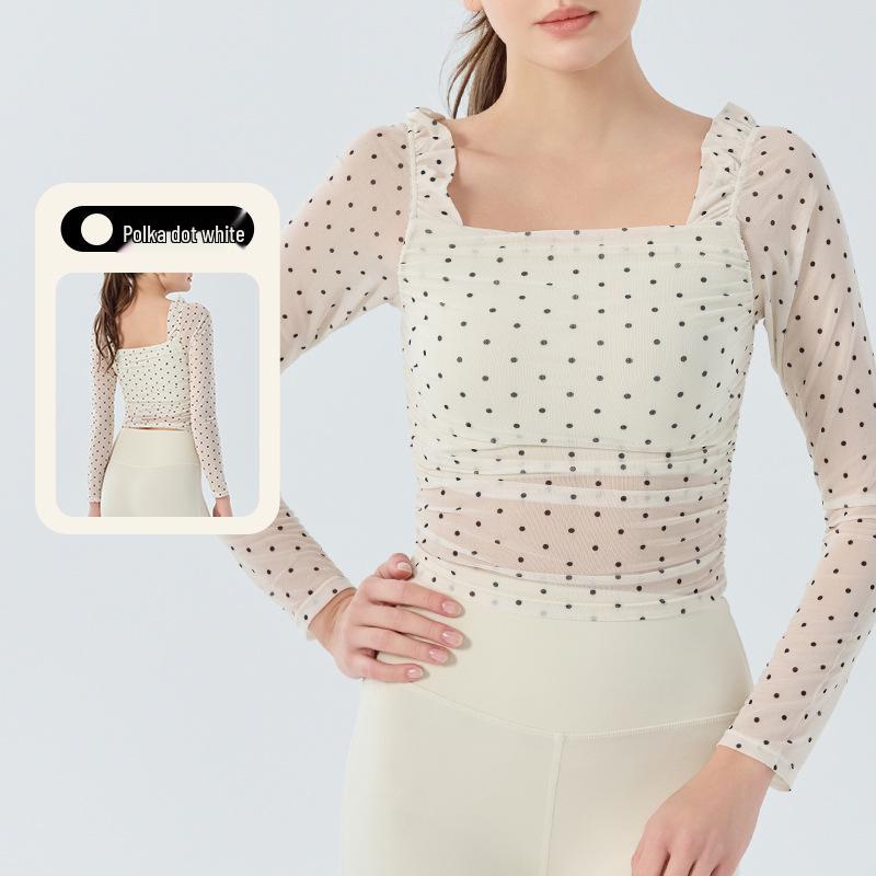 

Slim-Fit Square Neck Polka Dot T-Shirt with Ruffled Lace Waistband and Chest Pads - Long Sleeve Yoga Sports Top Extra Large