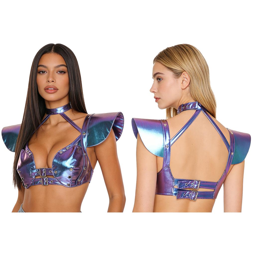 S-XXL Damen Glitzer Gothic Crop Top Neckholder Fledermausärmel Nietenbesatz Verstellbare Schnalle Korsett Bustier Schulterpanzer für Rave Club Party