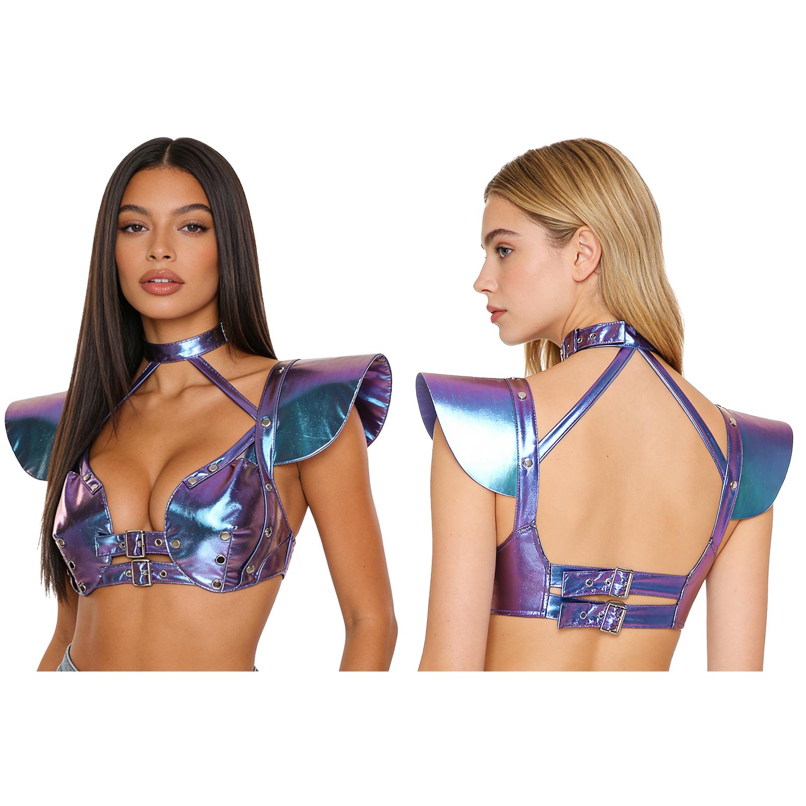

S-XXL Women Gothic Metallic Shiny Crop Top Halter Fly Sleeve Studs Detail Adjustable Buckles Corset Bustier Shoulder Armor Clubwear S синий