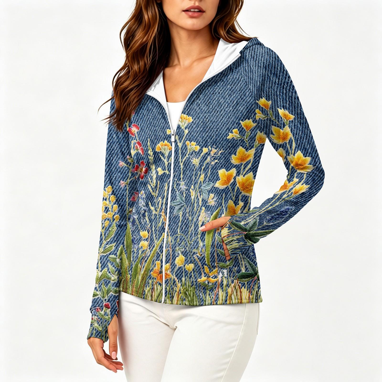 

Women Zip Up Hoodie Lightweight Long Sleeve Sun Protection Jacket with Hood and Pockets Floral Print Casual Outdoor Wear M жовтий
