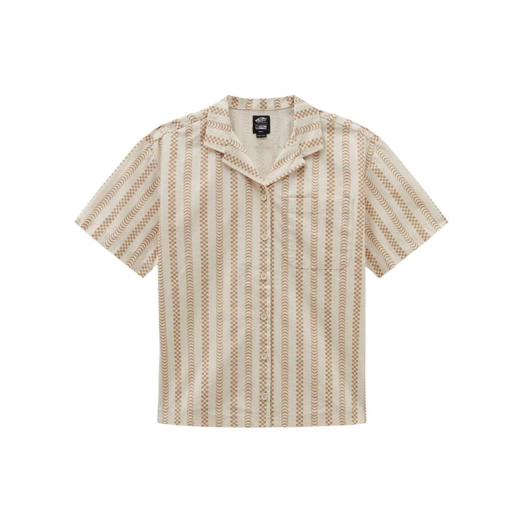 Vans Stripe Print Camp Collar Short Sleeve Shirt Beige Brown Women VN000G3NDJR