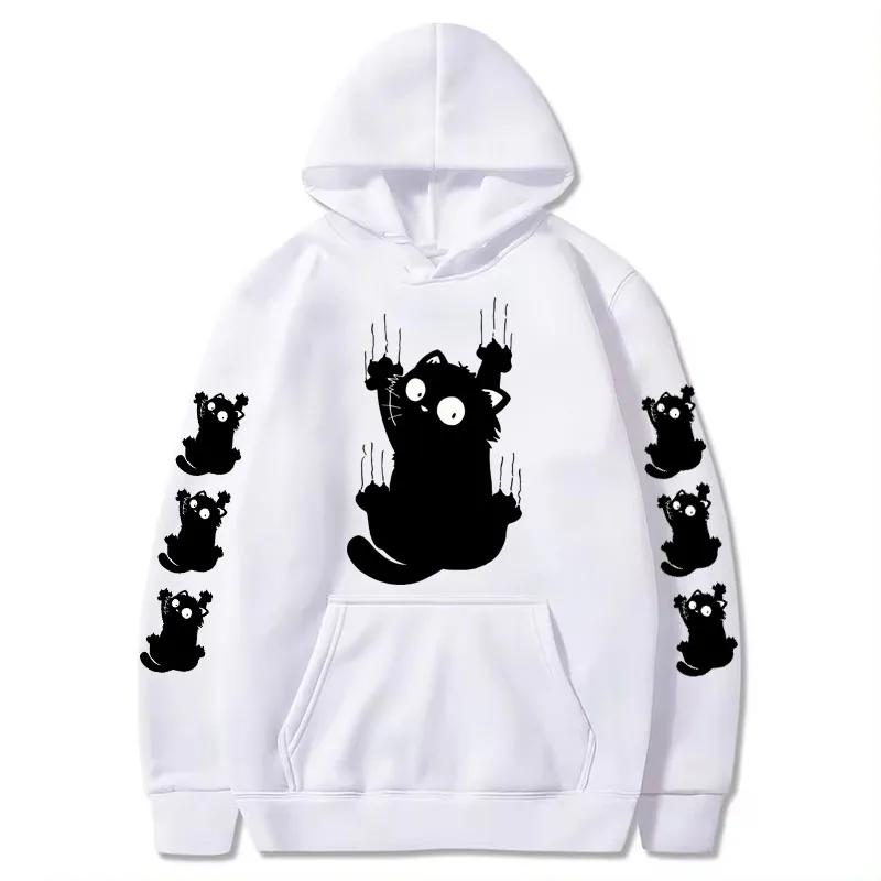 Autumn Winter Women Funny Cat Print Hoodie Casual Drawstring Hooded Long Sleeve Pocket Sweatshirt Cat Women's Clothing