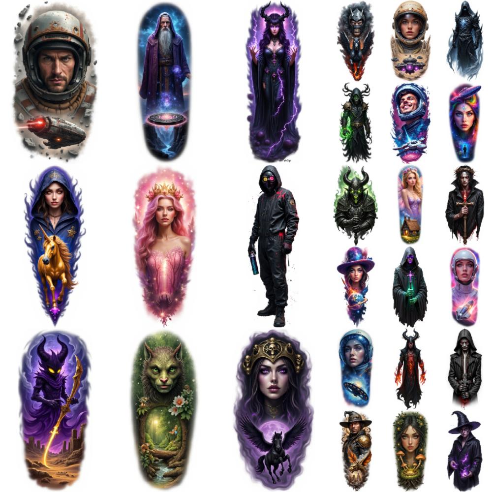 9pcs Temporary Tattoo Colorful Realism Alien Woman With UFO Wizard With Staff Dark Warrior With Scythe For Adult Arms Male