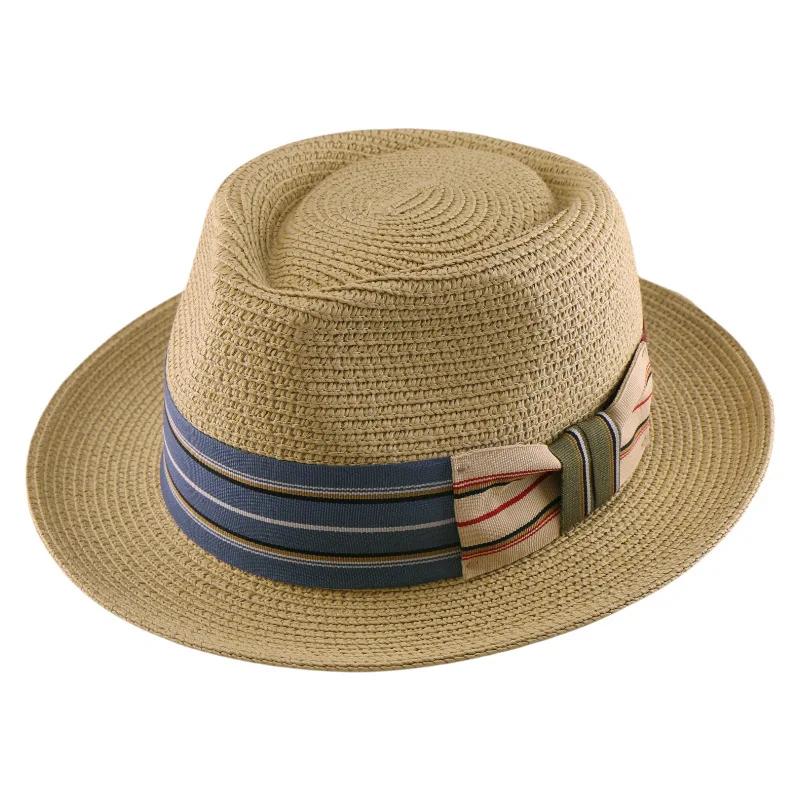 S/S New Fedora Straw Hat With Wide Striped Band, Woven Sun Hat For Men Women