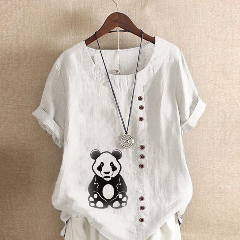 Women's Fashion Panda Print Short Sleeve T-shirt Loose Cotton Shirt Casual Loose Summer Blouse Tops