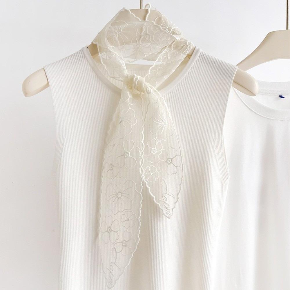 Elegant Retro Narrow Scarf Floral Embroidery Solid Color Silk Scarf Soft Texture Long Strip Lace Scarf For Women белый