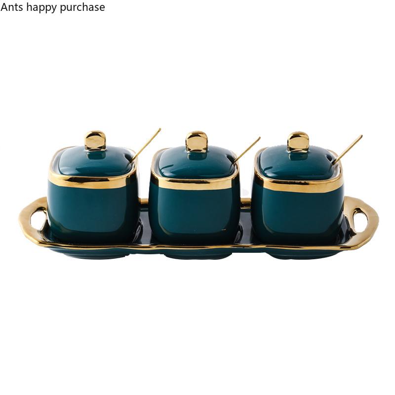 Grüne Keramik Zuckerdose Gesalzenes MSG Glas Gewürzbehälter Heimaufbewahrung Drei Stück Haushalt mit Löffel Deckel Gewürzaufbewahrungsbox