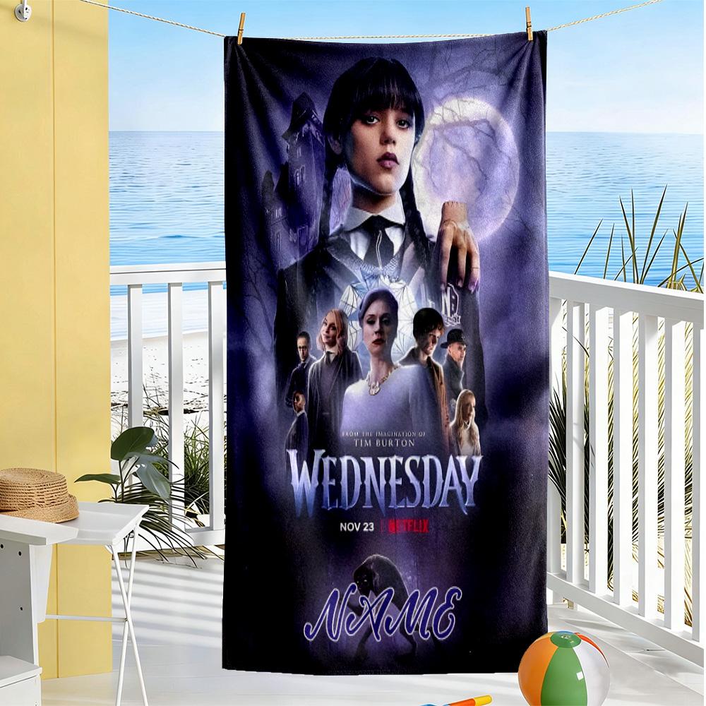 Wednesday Addams: Gothic Adventure Customized Name Beach Towel Quick-Dry Soft Microfiber Perfect for Traveling Yoga Camping and Swimming