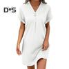 Summer Mini Dress Short Sleeves V Neck Loose Pure Color Dress Bohemian Buttons Casual Dress for Beach Vacation Daily Wear
