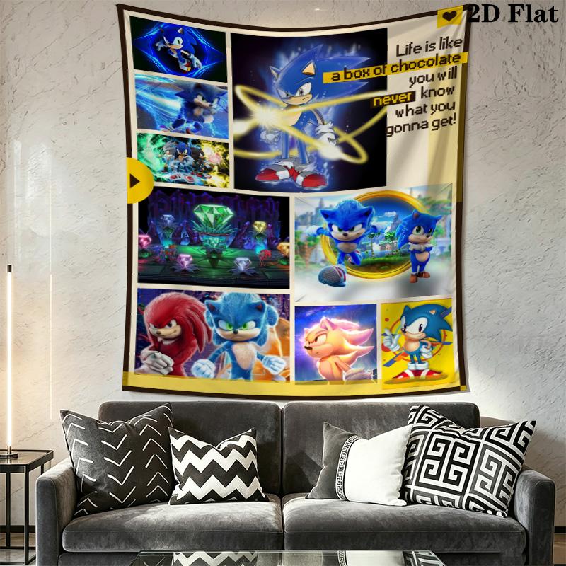 Sonic Collage Photo Wall Tapestry Multi Scene Character Grid Print Inspirational Quote Hanging Cloth Game Room Wall Decor