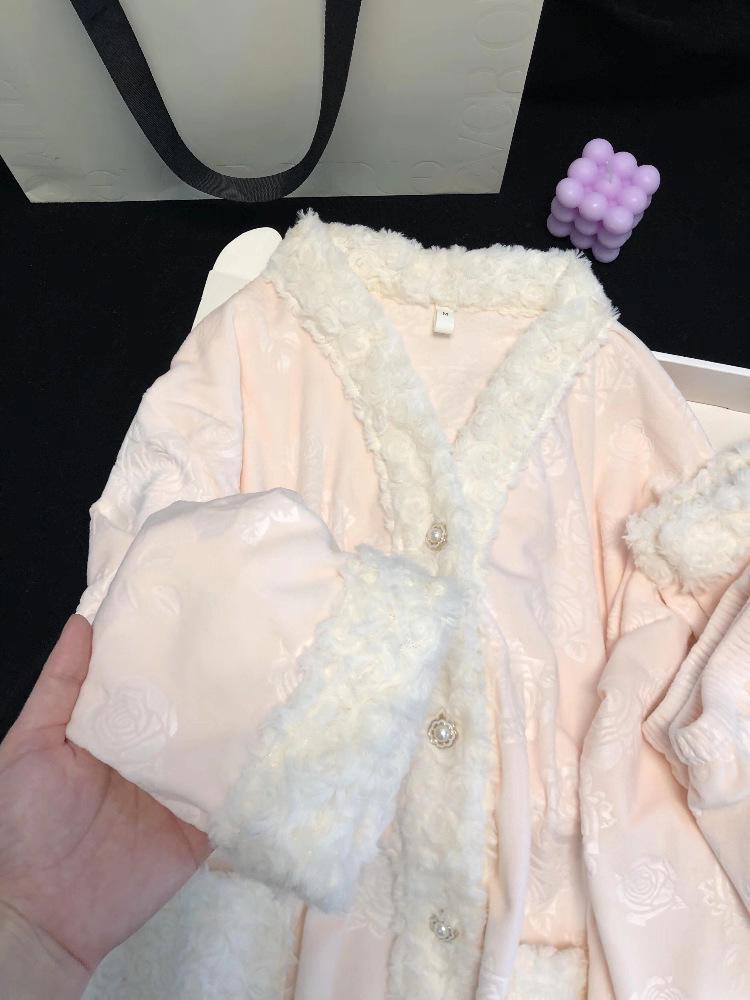 Women's Rose Fleece Pajama Set - Long Sleeve & Pants, Autumn/Winter Style