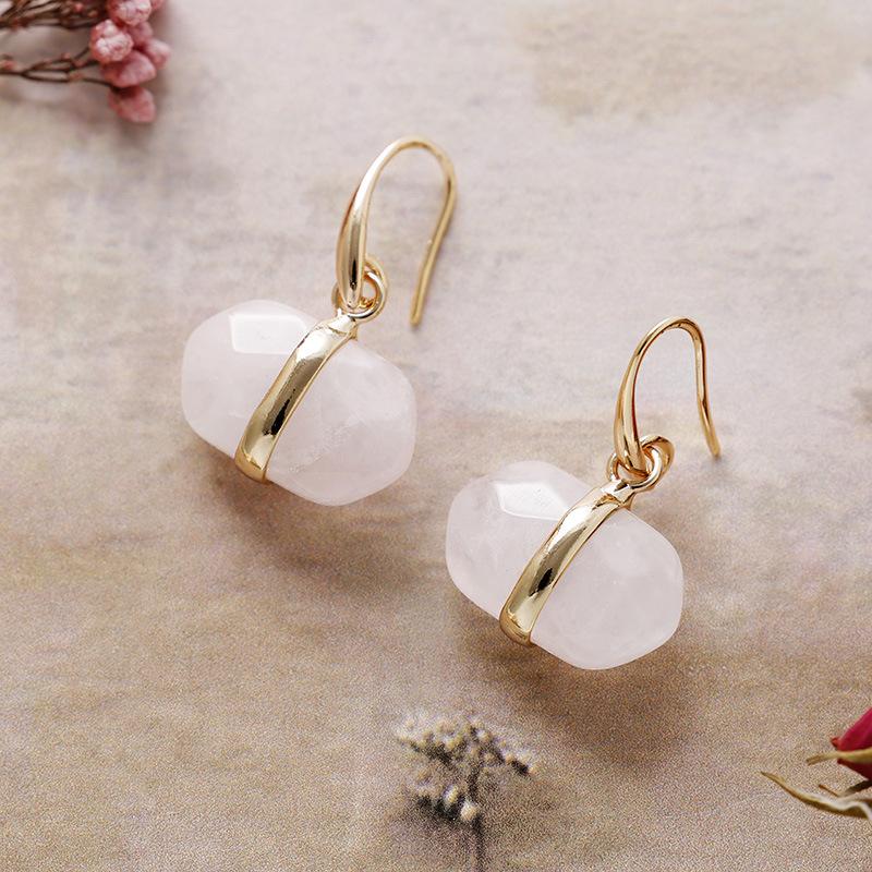 Natural amethyst hexagonal earrings, ear hooks, earrings, Japanese and Korean designers, real gold-plated popular jewelry.