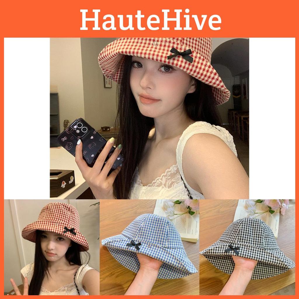 Stylish Korean Checkered Bowknot Fisherman Hat For Women Ideal For Summer Travel And Sun Protection