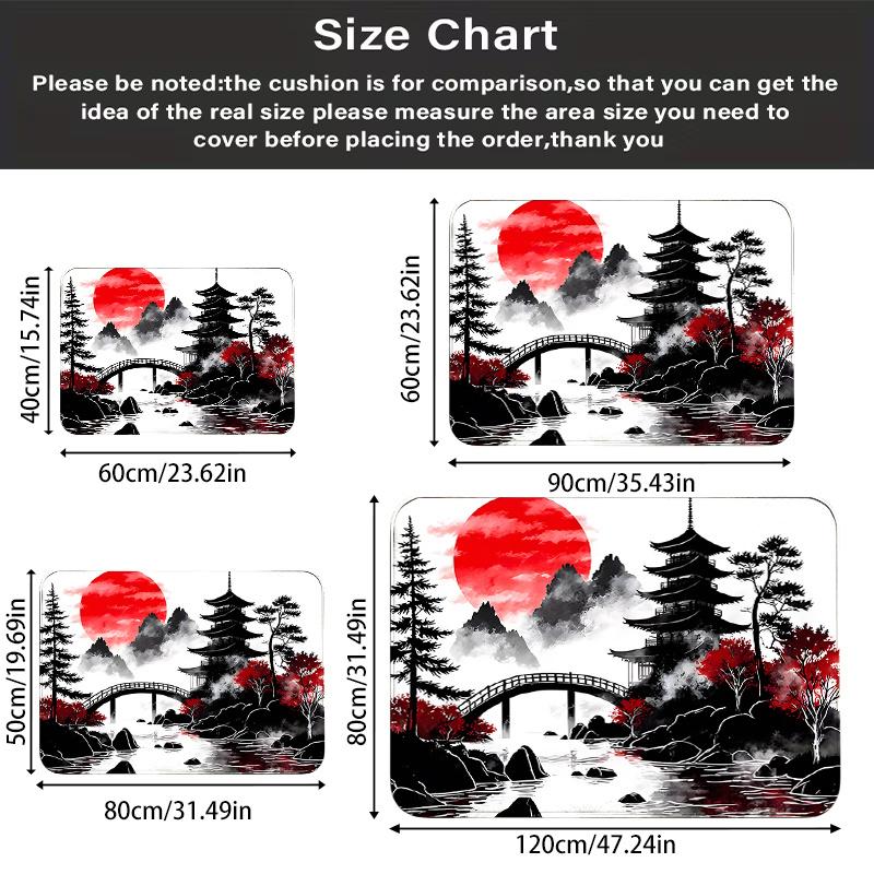 Japanese Ink Painting Doormat Red Sun Pagoda Bridge Mountain Print Non‑Slip Washable Entrance Mat Home Decor Floor Rug