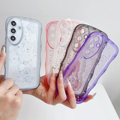 Süße transparente Tropfkleber-Stern-Glitzerhülle für Samsung S24 Plus S23 S22 S21 Ultra S20 Fe A16 A06 A55 A54 A53 A52 A35 A15 A14 Stoßfeste Wave-Telefonabdeckung