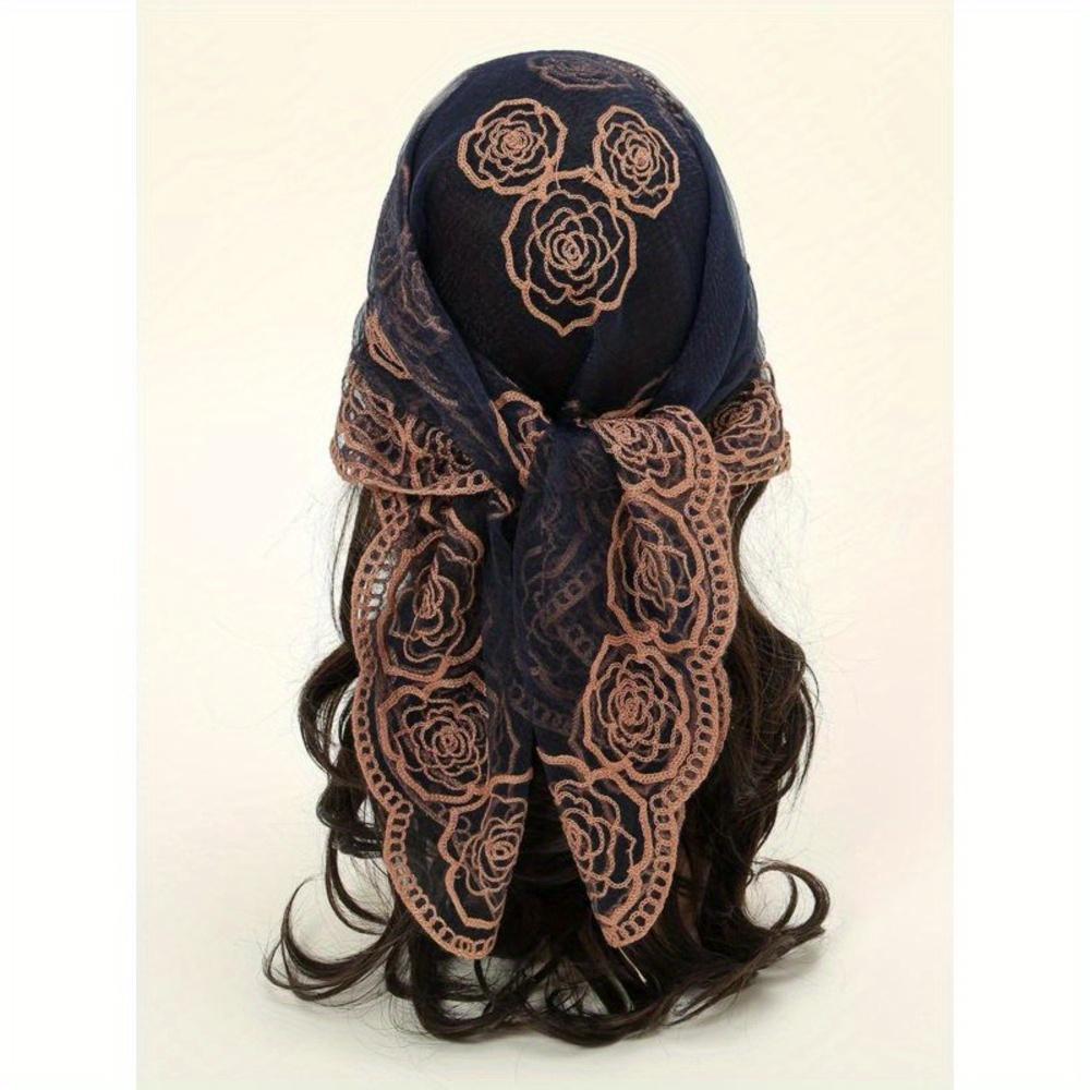 Spring Floral Mesh Scalloped Design Headscarf, Bohemian Floral Embroidered Wrap, Suitable For Women In All Seasons