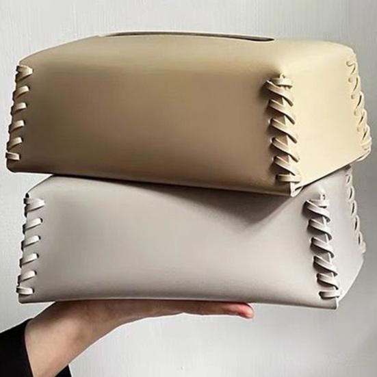 PU Leather Tissue Holder, with Hand-stitched Edges Design, Modern Style Smooth Paper Extraction Tissue Case for Home Office