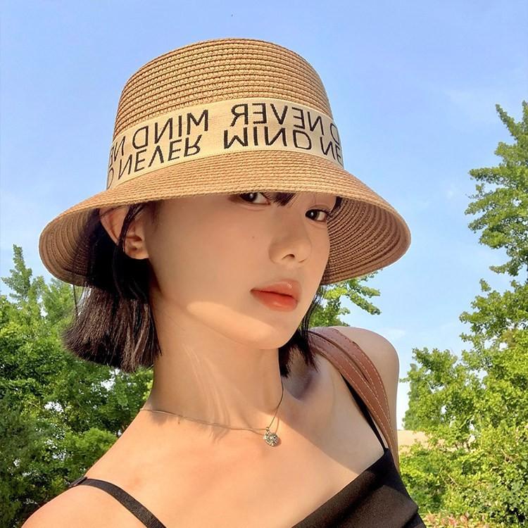 Vintage Bucket Hat Summer Face Cover Vacation Alphabet Straw Hat Female Seaside Beach Shade Sun Hat