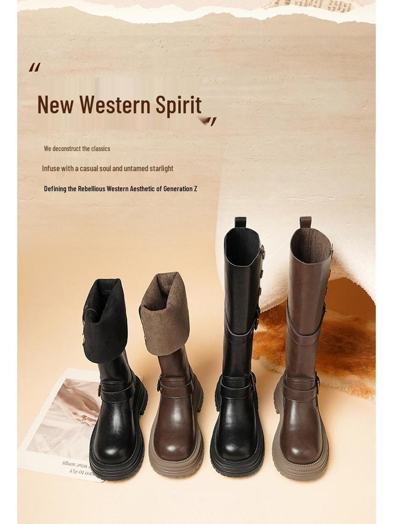 Women's Retro Western Knee-High Boots - Autumn 2025 Style, Thick-Soled, Slimming, High-Top Knight Boots