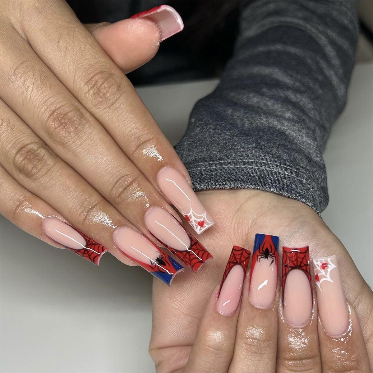 

Halloween Spider-Man Web Wearable Long Nails - Removable Fake Tips for Nail Art