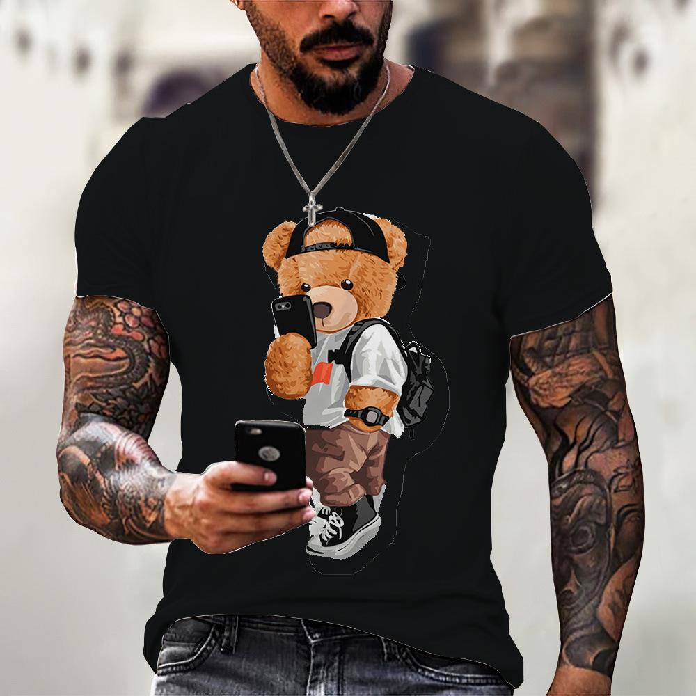 Men's T-shirt 2024 Summer New Round Neck Short Sleeved Bear 3D Printed Plus Size Top