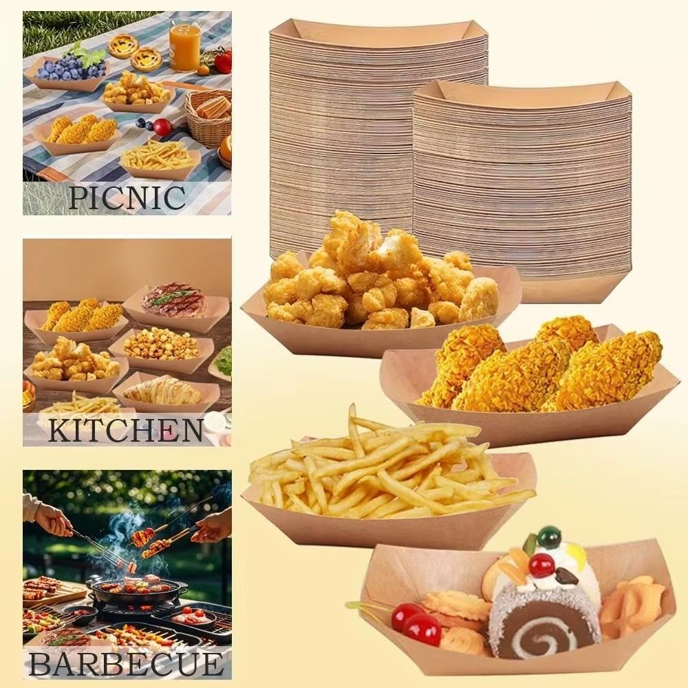 50Pcs Sturdy Durable Kraft Paper Food Containers Boat Shape Snack Bowl Food Tray Box  Picnic Camping