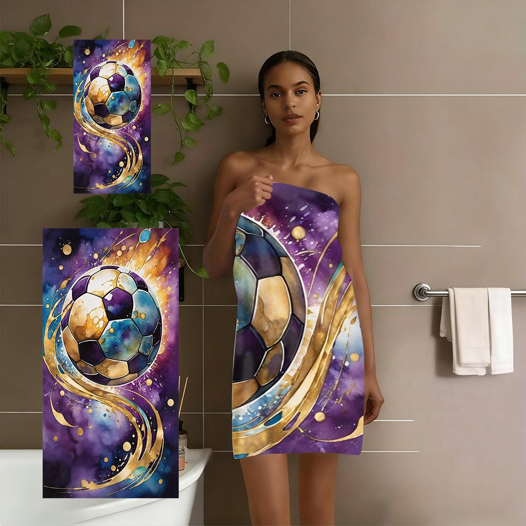 Watercolor Galaxy Soccer Beach Towel, Abstract Purple Gold Football Print Microfiber Towel, Quick Dry Sports Bath Towel for Beac