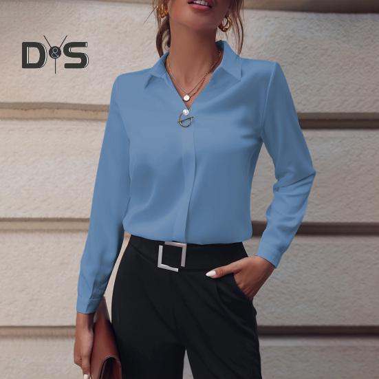 Damen-Hemd mit Revers, langen Ärmeln, Kunstperlen-Dekor, normale Passform, einfarbig, einfache, leichte Bluse