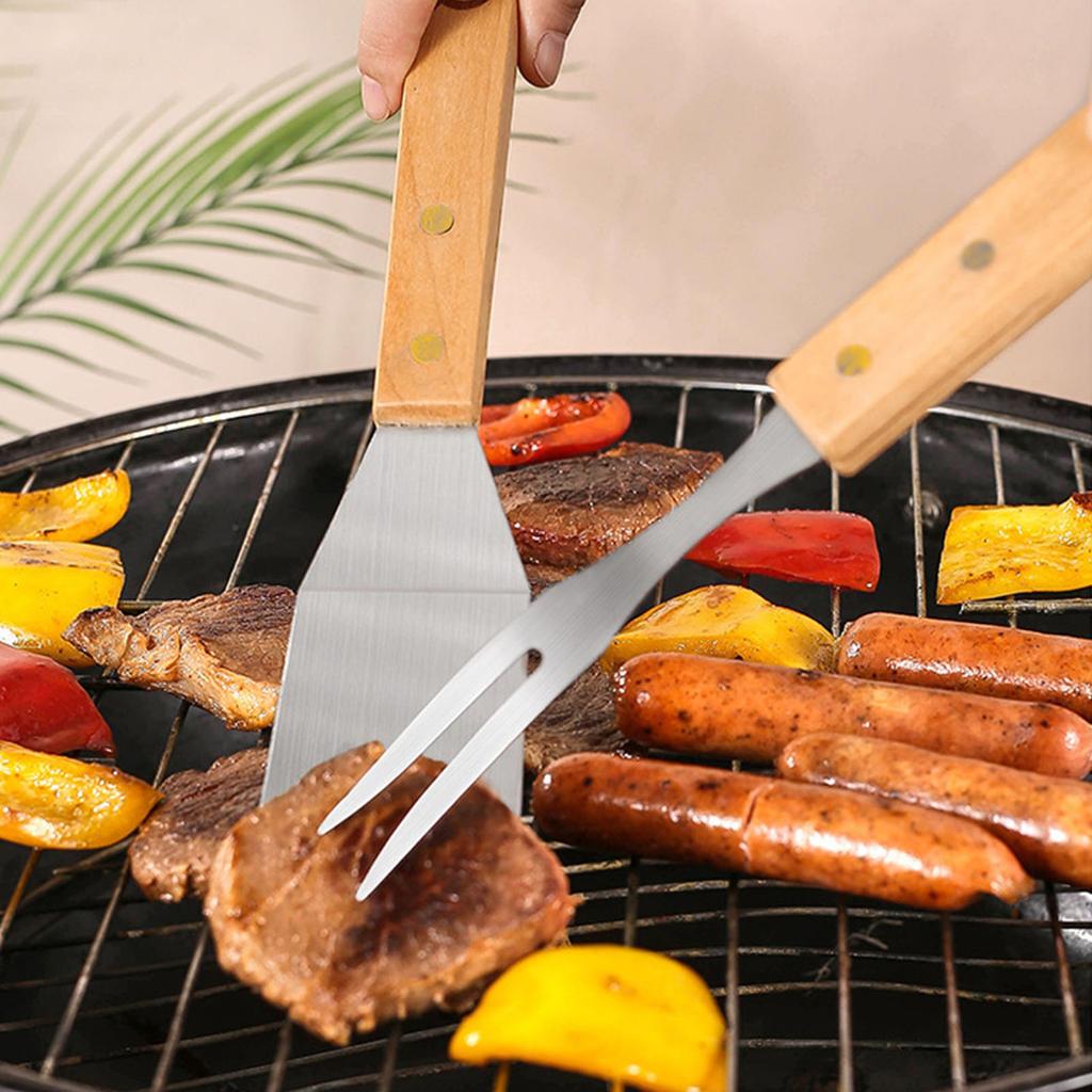 Σετ Εργαλείων BBQ Εργαλεία Ψησίματος με Ξύλινες Λαβές Εργαλεία Μπάρμπεκιου για Κάμπινγκ Σπάτουλα Πιρούνι Τσιμπίδα Εργαλεία Ψησίματος για Υπαίθριο Ψήσιμο