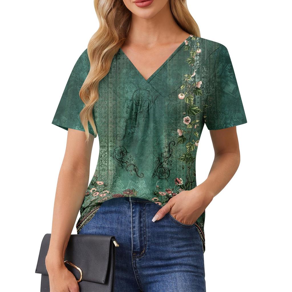 Womens Summer Tops Casual Ruffle Short Sleeve Crewneck Loose Pleated T Shirts