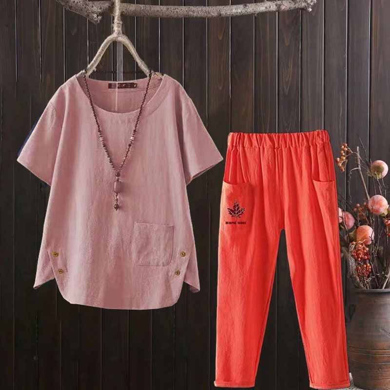 2pcs Cotton Linen Pants Suits Summer Women's Round Neck Cotton Linen Blouse Elastic Waist Cotton Linen Harem Pants Two-Piece Set Casual  Outfits