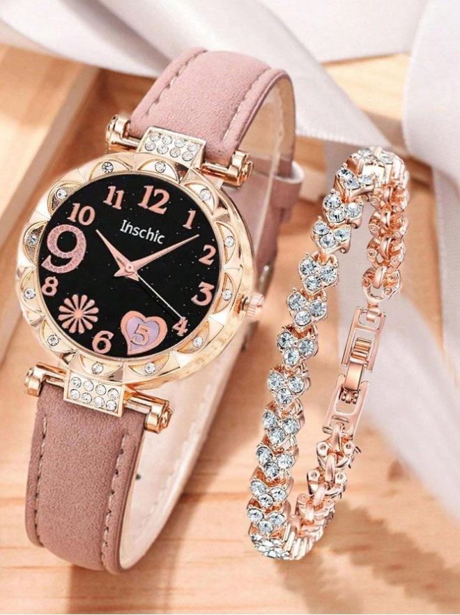 Ladies Belt Quartz Watch Love Dial Casual Fashion Women'S Watch Simple Watch + Bracelet