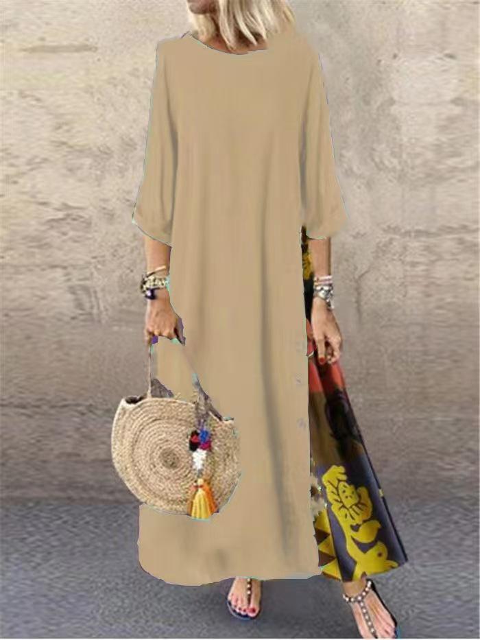Retro Floral Cotton Linen Dress with Color Block, Round Neck, Button Patchwork, and Three-Quarter Sleeves for Spring and Autumn.
