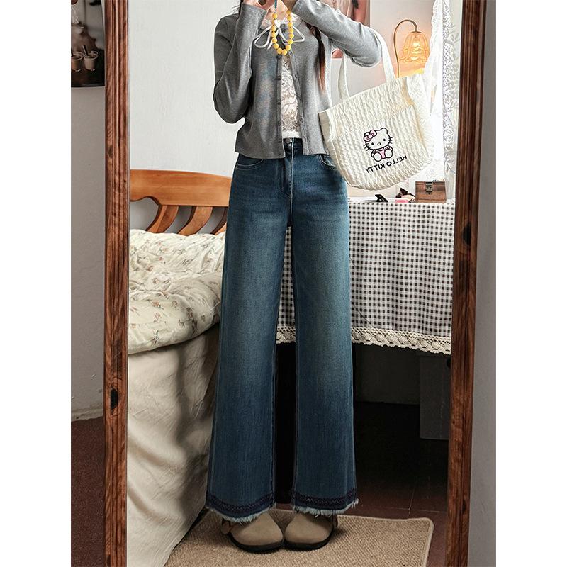 

Women s Plus Size High Waist Retro Straight Leg Jeans - Petite Fit, Stretchy, Cropped, and Loose for Autumn/Winter S синий
