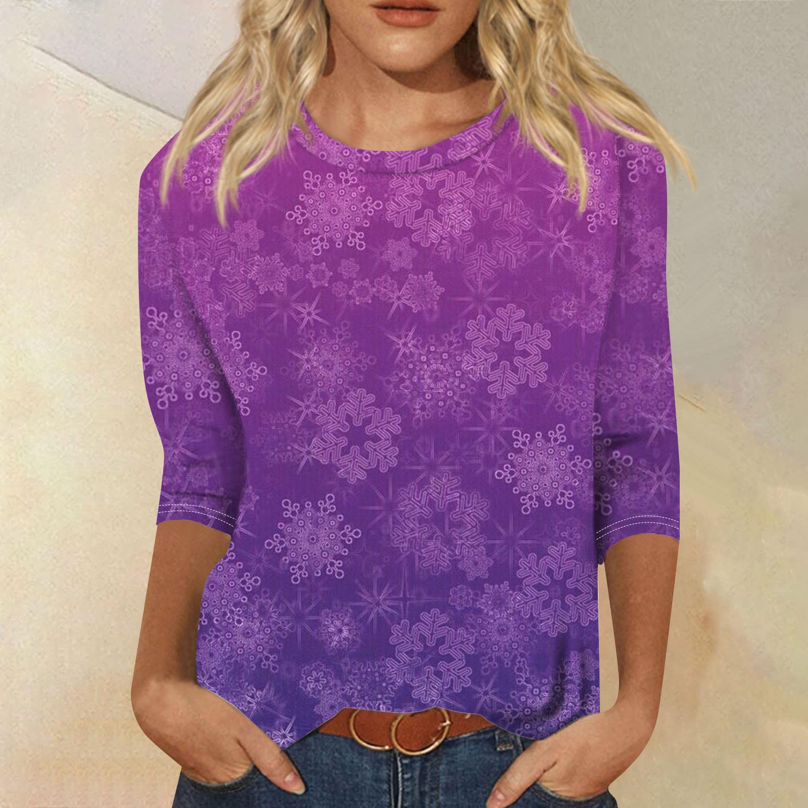

Женская мода повседневная рубашка с круглым вырезом и рождественским принтом, семь рукавов M фиолетовый