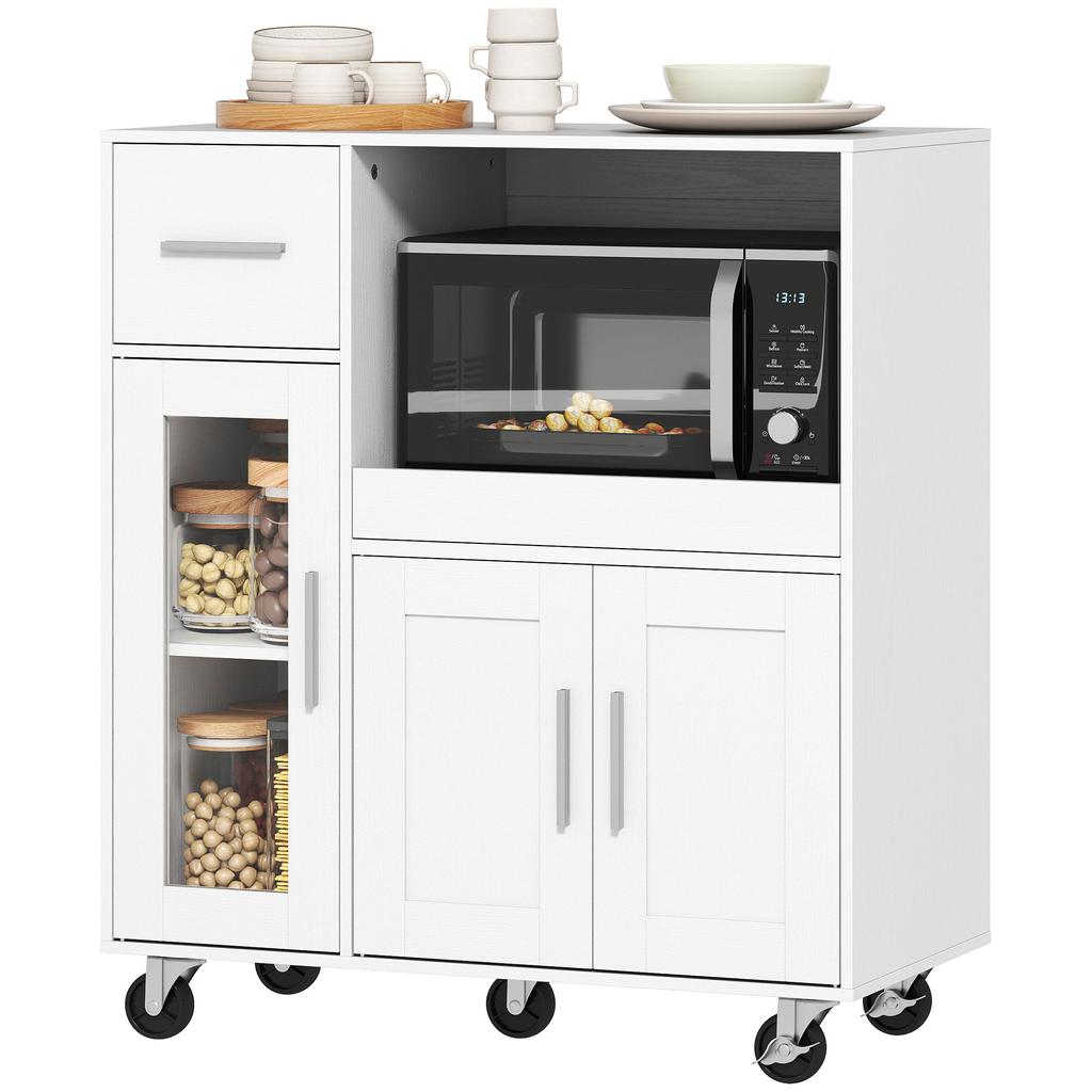 Küchenschrank auf Rädern, Mobiler Küchenschrank mit Regalen, Schubladen, Verstellbarem Regal, Kabeldurchlass, Weiß