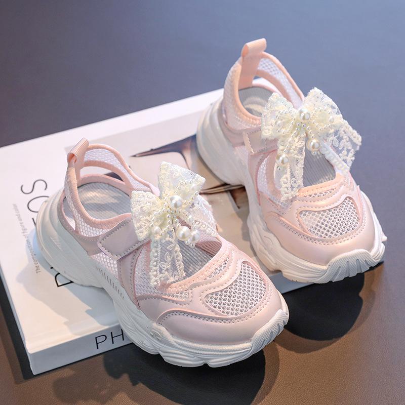 Girls' New Summer Single Mesh Pearl Lace Bowknot Sports Sandals Little Girls' Transparent Mesh Casual Sandals