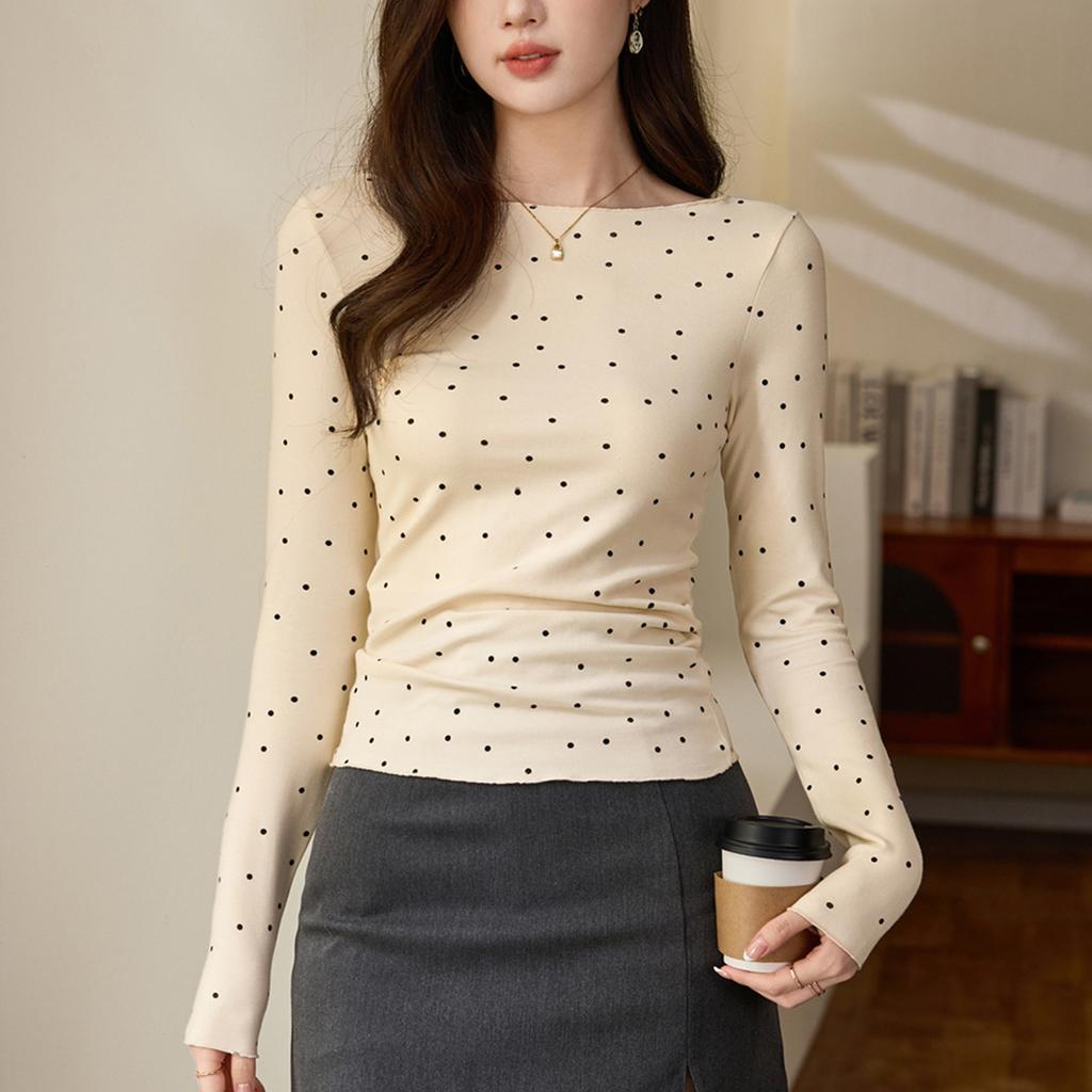 Mikro-rolový okraj Redukce věku Tečkované tričko Dámské Dlouhý rukáv Podzim Nové Retro Základní tričko Top