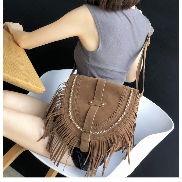 Tassel Bag Brown Retro Western Denim Bag Niche Ethnic Bohemian Messenger Bag Women's Trendy Shoulder Bag