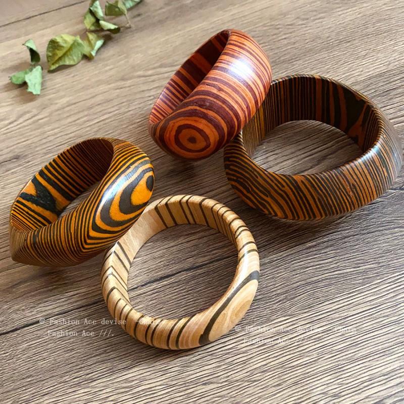Wooden Geometric Statement Bracelet Women Vintage Texture Boho Chic Chunky Cuff Bangle Fashion Accessory