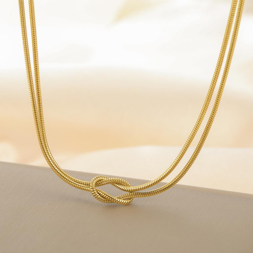 Golden Double Snake Chain Love Knot Pendant Necklace For Women Minimalist Jewelry Gift