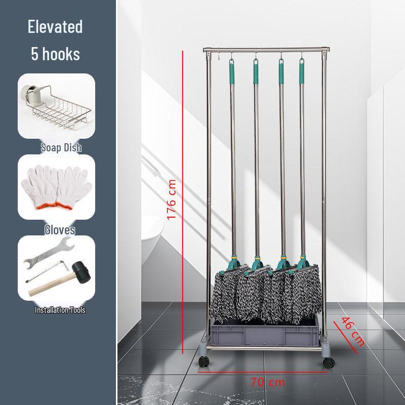 Movable Stainless Steel Mop Storage Rack with Hooks for Floor-Standing Draining in Schools and Factories