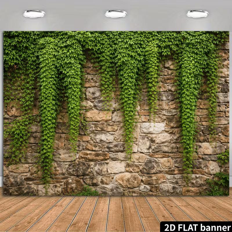 2D Vintage Brick Wall with Green Vines Backdrop Natural Scenery Photo Booth