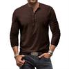 Herren Unifarbenes Henley-Shirt Langarm Lässig Knopfleiste Oberteil