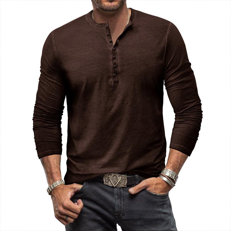 Herren Unifarbenes Henley-Shirt Langarm Lässig Knopfleiste Oberteil