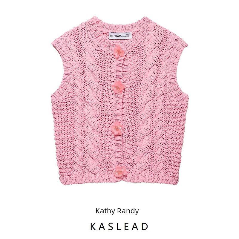 Kaslead New Arrival Women's Clothing Fashion Style Fashion Minimalist Flower Decorated Row Button Knitting Vest 3920238