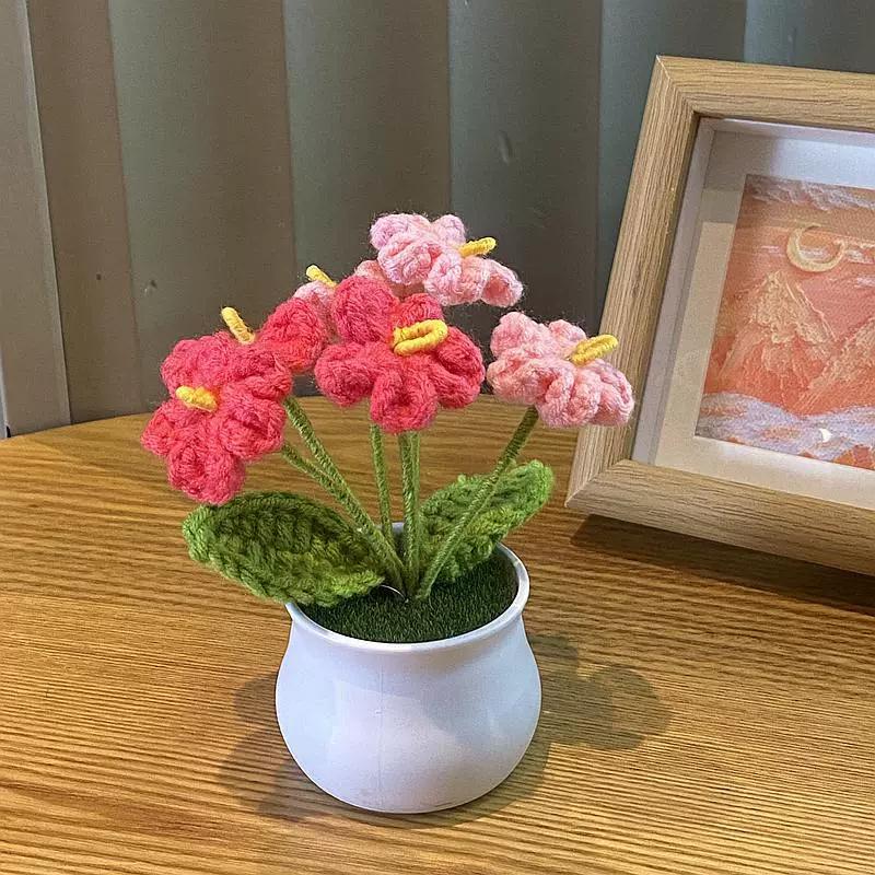 Knitting Crochet Flowers Potted Plants Fake Forget Me Not Flowers for Friends Family and Lover Artificial Handmade Flowers for