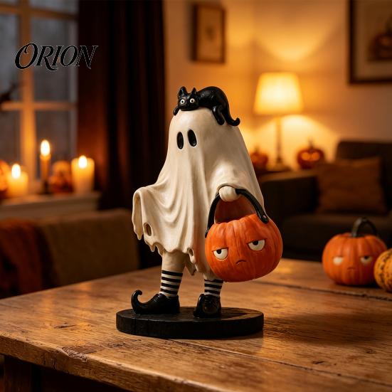 Halloween Resin Ornament Cute Ghost Statue, Black Cat Holding Pumpkin Bucket Ornament, Whimsical Home Accessories Figurine for Holiday Party