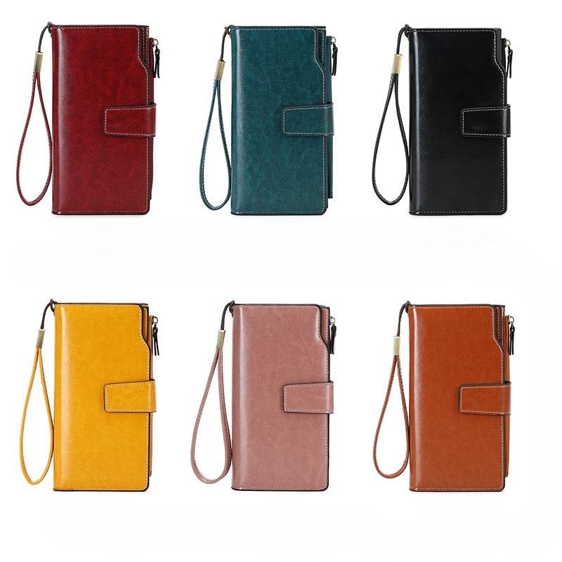 Women PU Leather Long Wallets RFID Antitheft Clutch Zipper Coin Pocket Oil Wax Retro Wallet High Quality Female Card Holder Coin Purse